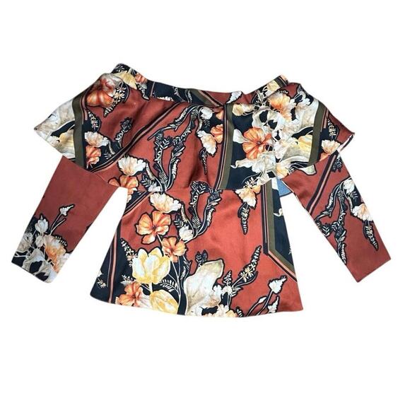 River Island Tops - River Island Off the shoulder Satin Top copper tropical print blouse size 10